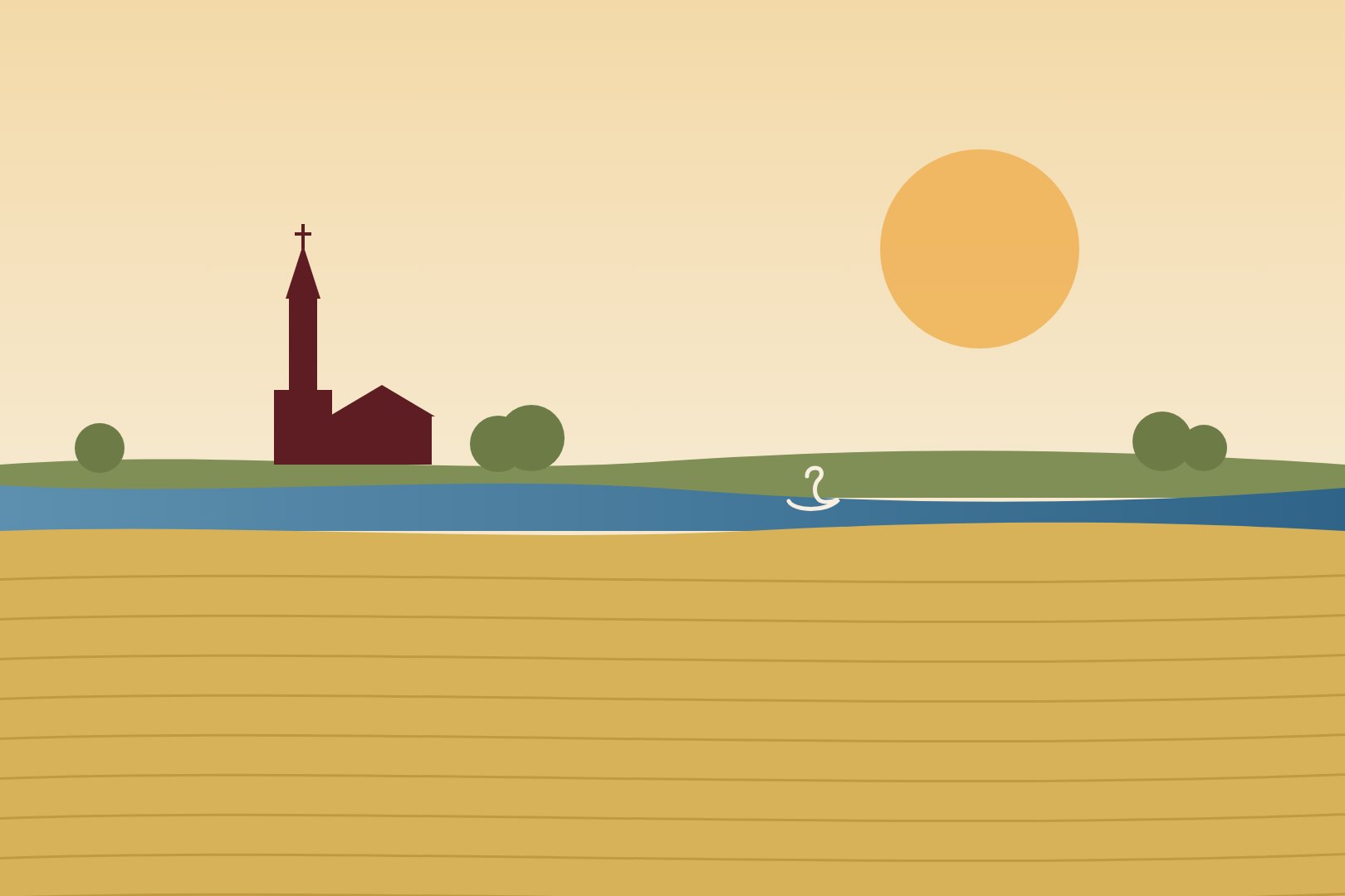 Illustration: a village church on the Bačka plain by the Danube, wheat fields and a swan