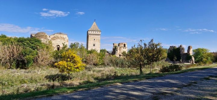 Bač Fortress from the road: the 14th-century keep among the ruined walls and towers, autumn trees and blue sky