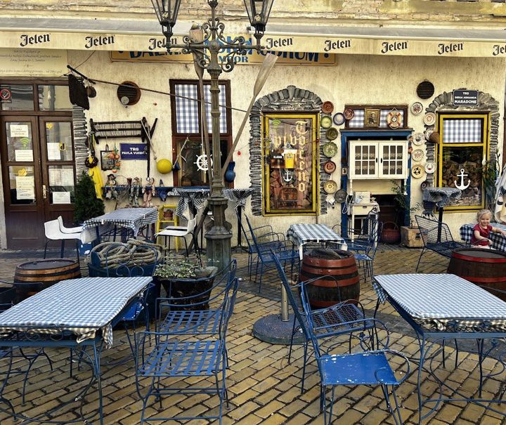 The terrace of the Dalmatinski podrum tavern in Sombor: blue chairs, checked tablecloths, oars and plates on the wall